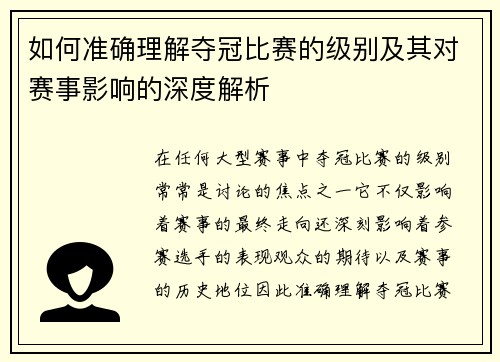 如何准确理解夺冠比赛的级别及其对赛事影响的深度解析