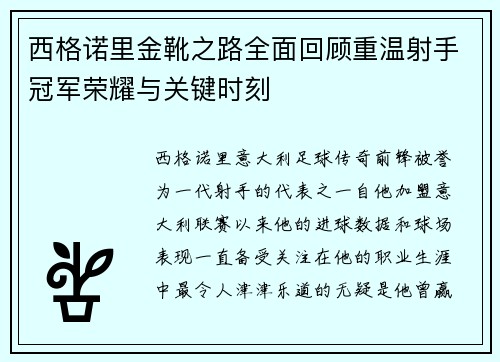 西格诺里金靴之路全面回顾重温射手冠军荣耀与关键时刻