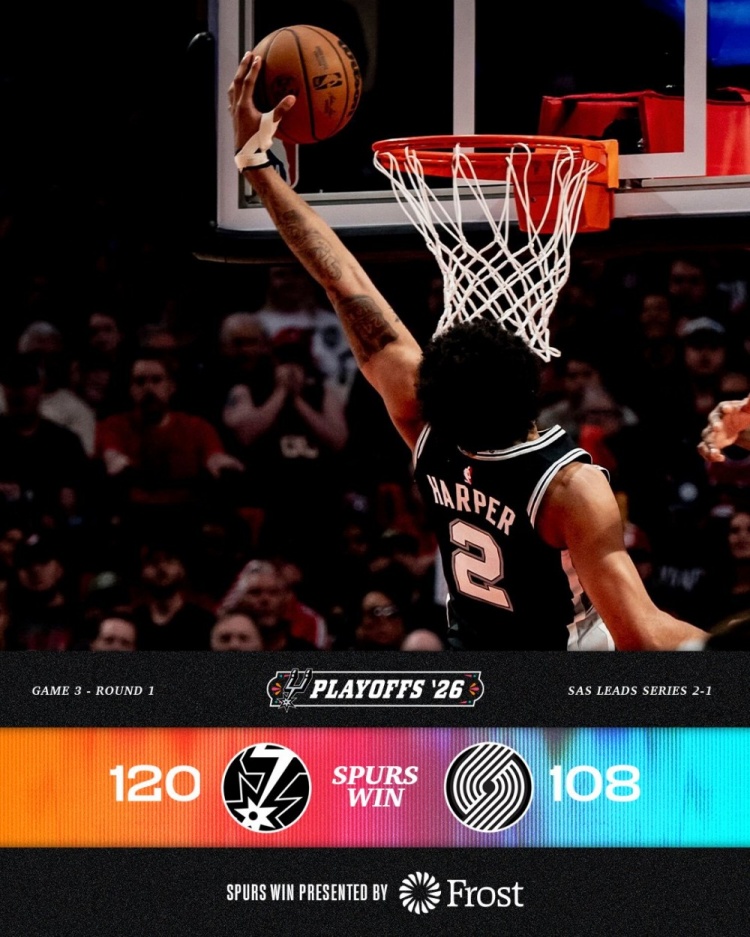 云开体育官方网站-下半场主导逆转！马刺官方晒赢球海报 哈珀飘逸隔扣入镜