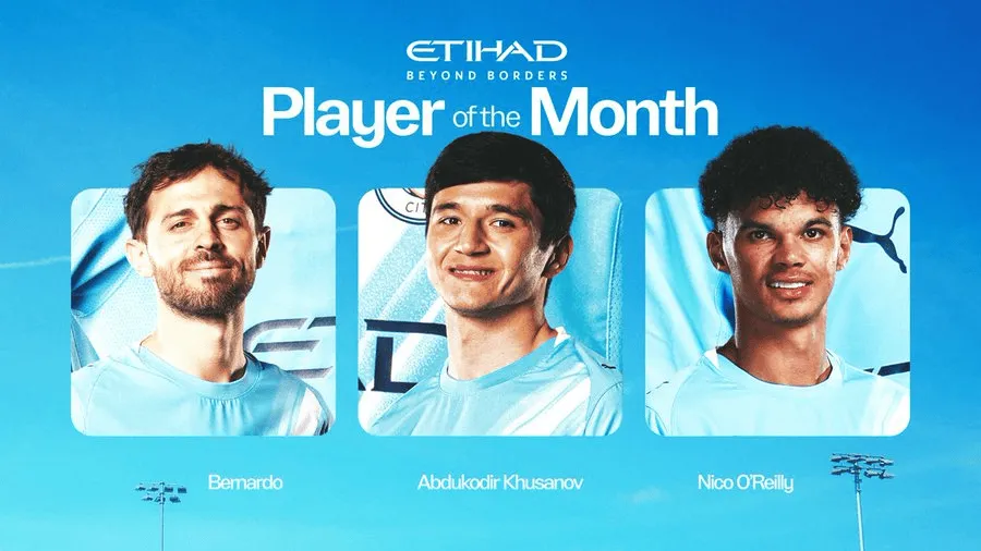 曼城4月队内最佳球员候选名单：B席，胡桑诺夫，奥赖利